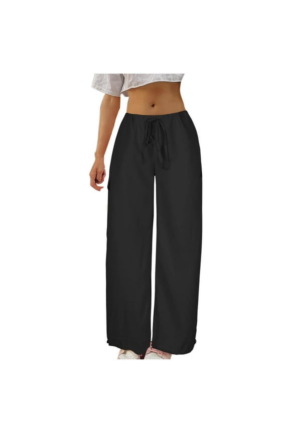 Womens Summer Cargo Pants Mid Waist Drawstring Wide Leg Loose Fit Solid Color Baggy Trousers with Pockets Causual Y2K Streetwear