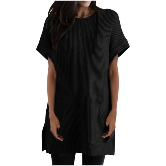 UYISJ Womens Summer Oversized Shirts 2024 Trendy Short Sleeve Waffle Knit Side Slit Tunic Loose Fit Tops with Pockets Casual Blouse