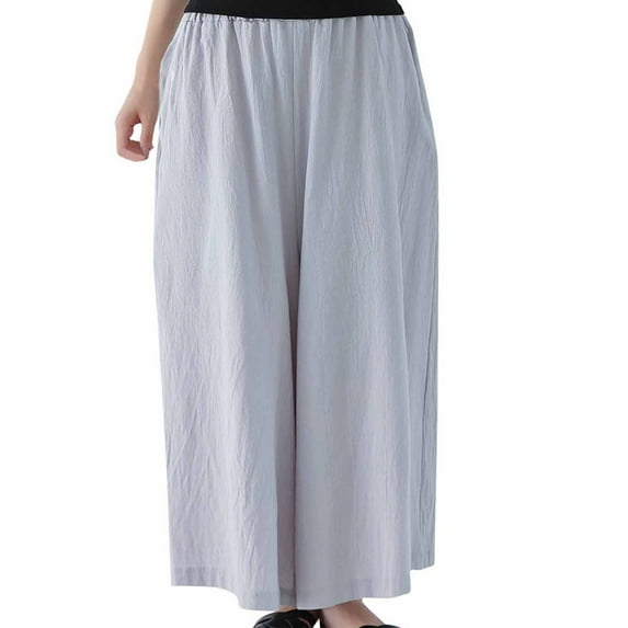 UYISJ Womens Summer Spring Pants with Pockets Linen Cotton Elastic High Waist Wide Leg Trousers Solid Color Loose Fit Culottes