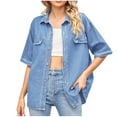 thumbnail image 1 of UYISJ Womens Summer Tops Fashion Oversized Denim Button Down Shirt Casual Loose Fit Summer Jean Short Sleeve Lapel Blouse Tops Light Blue M, 1 of 5