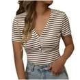 thumbnail image 1 of UYISJ Womens Summer Tops Short Sleeve V Neck Button T Shirts Striped Print Ribbed Knit Casual Basic Slim Fit Tee Daily Wear M, 1 of 8