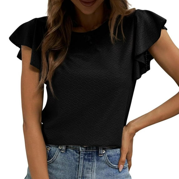 UYISJ Womens Summer Tops Trendy Textured Eyelet Shirts Crew Neck Ruffle Cap Sleeve Blouses Solid Color Loose Fit Tunic Tops Black S