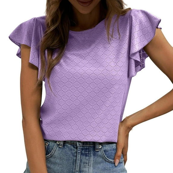 UYISJ Womens Summer Tops Trendy Textured Eyelet Shirts Crew Neck Ruffle Cap Sleeve Blouses Solid Color Loose Fit Tunic Tops Purple S