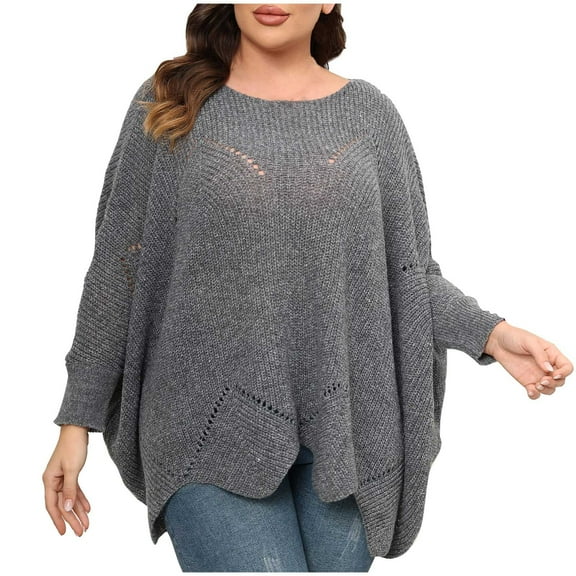 UYISJ Womens Sweaters Plus Size Crochet Top Off The Shoulder Sweater Oversized Tops Long Batwing Sleeve Pullover Blouses Top Dark Gray XXL