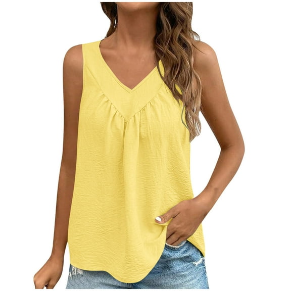 UYISJ Womens Tank Tops V Neck Ruched Sleeveless Tops Casual Loose Fit Basic Banded Shirts Yellow M