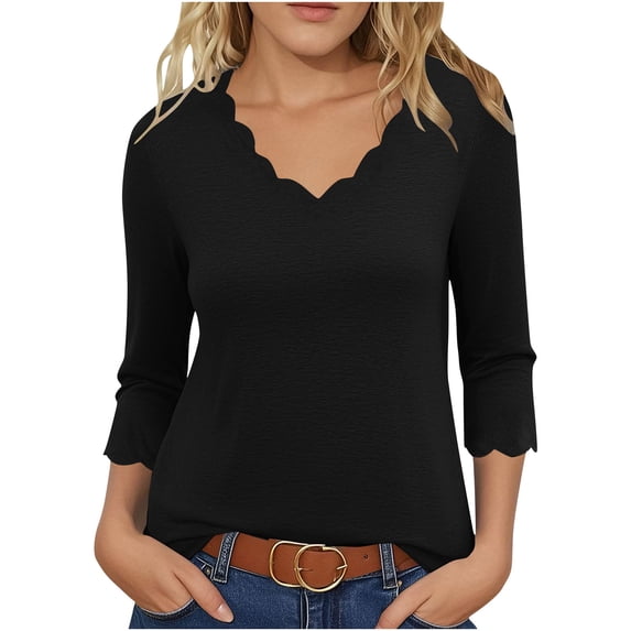 UYISJ Womens Three Quarter Sleeve Tops Scalloped Trim V Neck Dressy T Shirts Casual Loose Fit Stretch Blouses Trendy Clothes Black M
