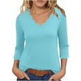 thumbnail image 1 of UYISJ Womens Three Quarter Sleeve Tops Scalloped Trim V Neck Dressy T Shirts Casual Loose Fit Stretch Blouses Trendy Clothes Light Blue L, 1 of 6