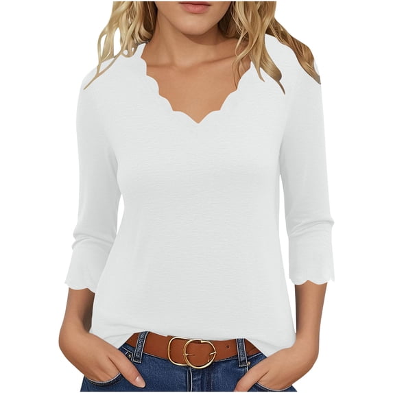 UYISJ Womens Three Quarter Sleeve Tops Scalloped Trim V Neck Dressy T Shirts Casual Loose Fit Stretch Blouses Trendy Clothes White XL