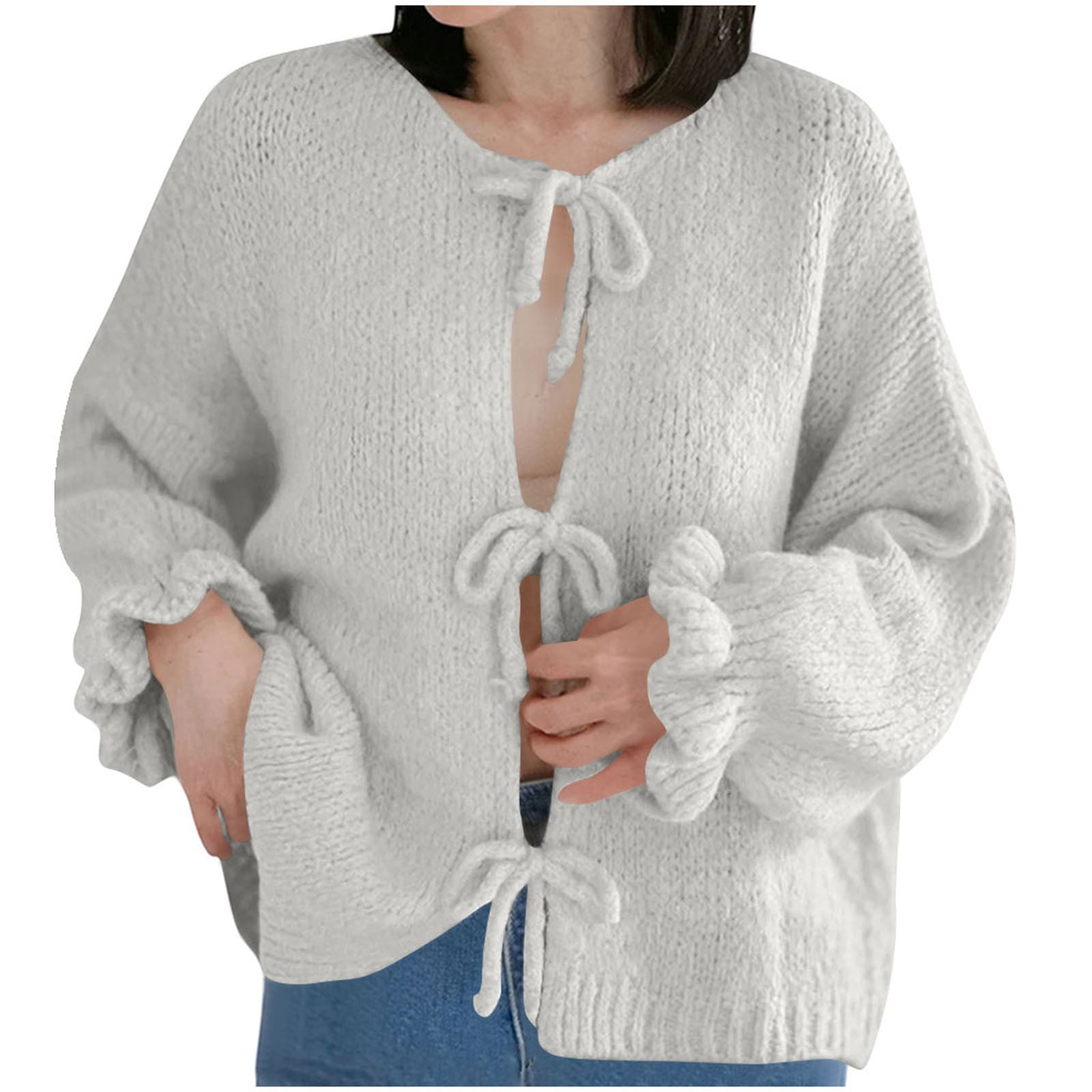 Verdusa Women's Oversized Bow Tie Front Sweater Cardigan - Cropped Cable Knit Top, Crew Neck, Long Sleeve