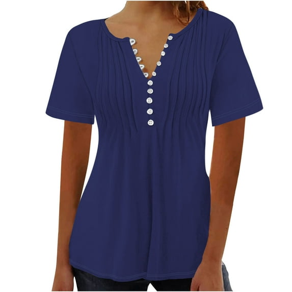 UYISJ Womens Tops Dressy Casual Button up V Neck Shirts Short Sleeves Henley Blouses Loose Fit Trendy 2024 Solid Tunic Shirts