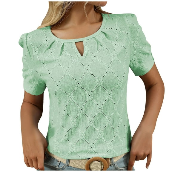UYISJ Womens Tops Dressy Casual Cute Hollow Embroidered Blouses Short Sleeve Shirts Summer Outfits Trendy 2025 M