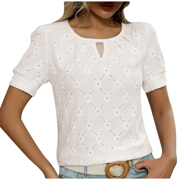 UYISJ Womens Tops Dressy Casual Cute Hollow Embroidered Blouses Short Sleeve Shirts Summer Outfits Trendy 2025 S