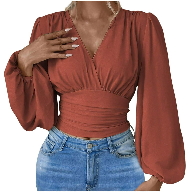 Bandage Solid Color V- neck Bell Sleeve Tops Bandage Solid Color V- neck Bell Sleeve Tops
