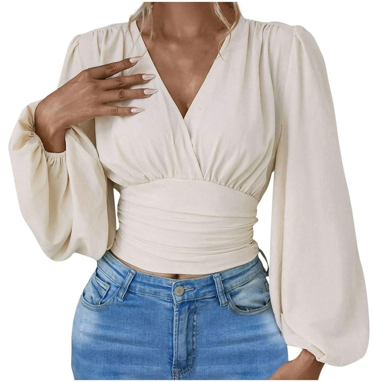 Bandage Solid Color V- neck Bell Sleeve Tops Bandage Solid Color V- neck Bell Sleeve Tops