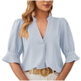 thumbnail image 1 of UYISJ Womens Tops Summer Casual Petal Puffy Short Sleeve V Neck Solid Color Flowy Tops Loose Fit Dressy Tunic Blouses Shirts, 1 of 4