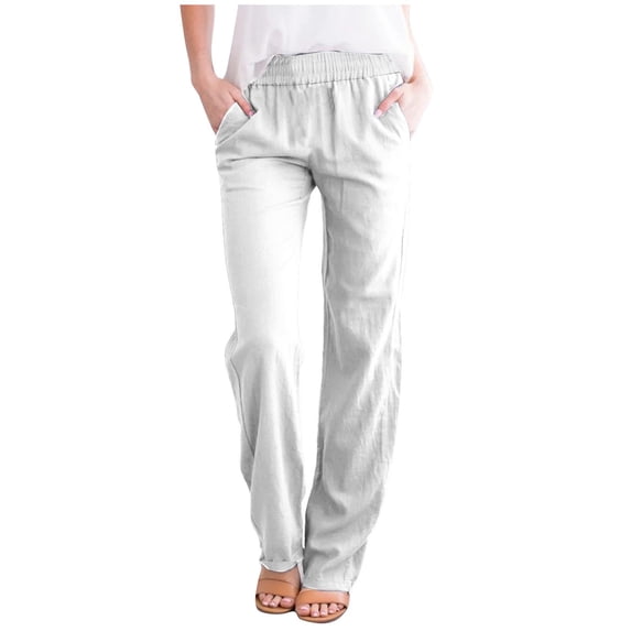 UYISJ Womens Trousers Elastic Mid Waist Pants with Pockets Casual Lightweight Straight Leg Solid Color Pants Lounge Loose Pants XL