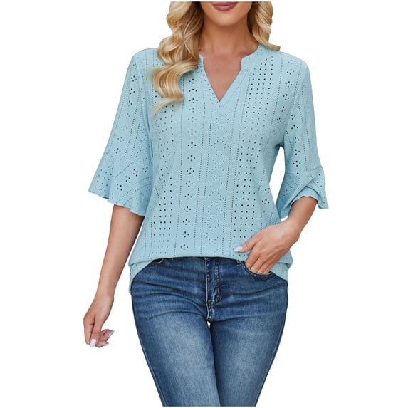 UYISJ Womens V Neck Eyelet Tops Ruffle Short Sleeve T Shirt Summer Casual Loose Blouses