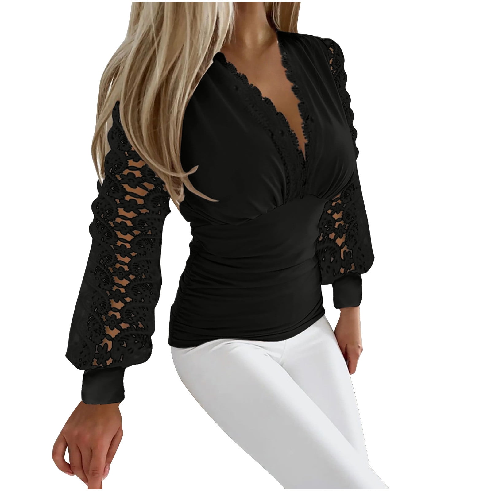 UYISJ Womens V Neck Lace Lantern Long Sleeve Tops Elegant Surplice