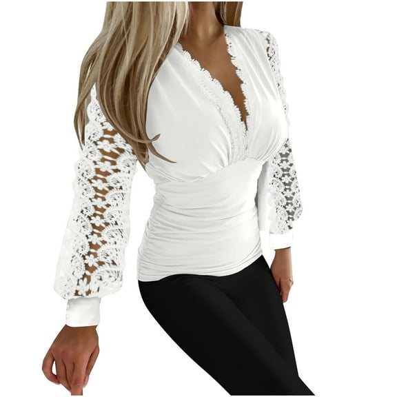 UYISJ Womens V Neck Lace Lantern Long Sleeve Tops Elegant Surplice Wrap Blouse Casual Ruched Slim Fit T-Shirts