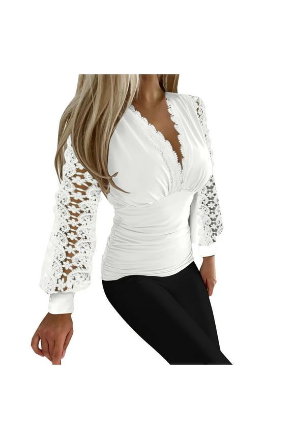 Womens V Neck Lace Lantern Long Sleeve Tops Elegant Surplice Wrap Blouse Casual Ruched Slim Fit T-Shirts