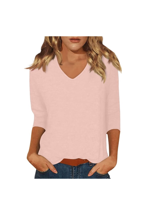 Womens V Neck Three Quarters Sleeve T Shirts Casual Loose Fit Solid Color Basic Tees Shirts Fall Pullover Tops Pink XXL