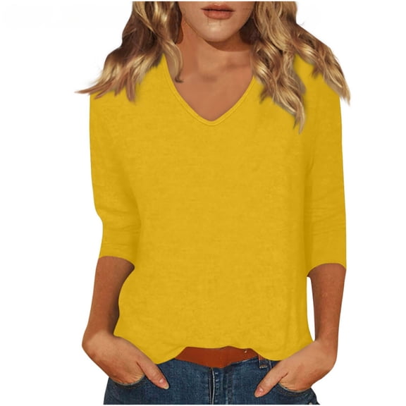 UYISJ Womens V Neck Three Quarters Sleeve T Shirts Casual Loose Fit Solid Color Basic Tees Shirts Fall Pullover Tops Yellow XL