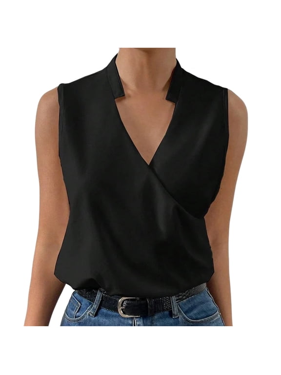 Womens V Neck Wrap Tank Tops Sleeveless Casual Summer Blouses Shirts Dressy Work Tank Top