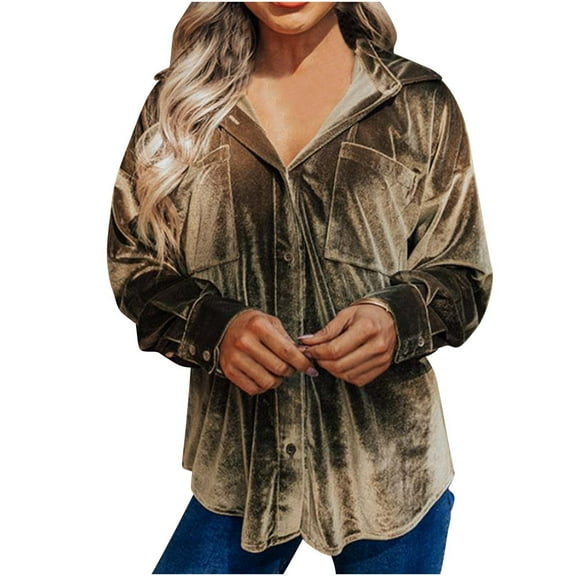 UYISJ Womens Velvet Long Sleeve Coats Button Down Shirt Jacket Retro Blouse Lapel Tunic Tops Loose Fit Solid Color Tops Khaki S