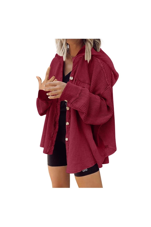 Womens Waffle Knit Shacket Oversized Button Down Shirt Jacket Lightweight Long Sleeve Tops with Pockets Wine S