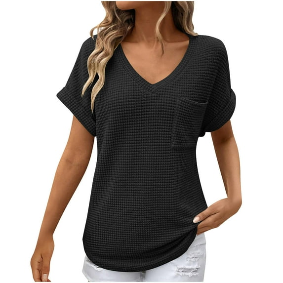UYISJ Womens Waffle Knit Tops 2025 Summer V Neck Shirts Casual Trendy Rolled Short Sleeve Blouses Basic Tee Tunic with Pocket S