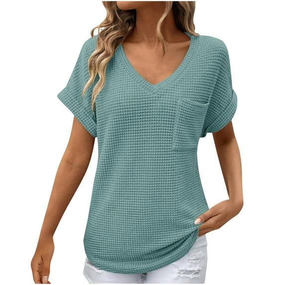 UYISJ Womens Waffle Knit Tops 2025 Summer V Neck Shirts Casual Trendy Rolled Short Sleeve Blouses Basic Tee Tunic with Pocket XL