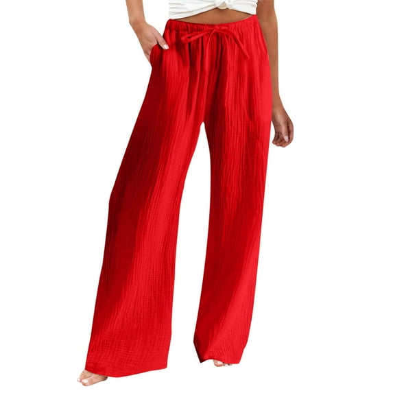 UYISJ Womens Wide Leg Pants High Waisted Drawstring Flowy Palazzo Trousers Work Casual Lounge Beach Pants with Pockets Red M