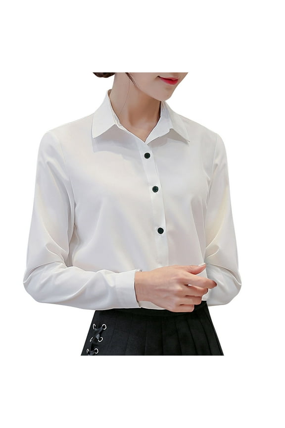 Womens Work Tops Long Sleeve Button down Shirts Classic Lapel Blouse Casual Dressy Solid Color Tshirts Fitted Business Shirts S