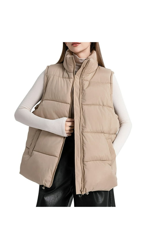 Womens Zip Up Puffer Vest Stand Collar Sleeveless Padded Jacket Coat Loose Fit Mockneck Outerwear Winter Zipper Tops Khaki XXL