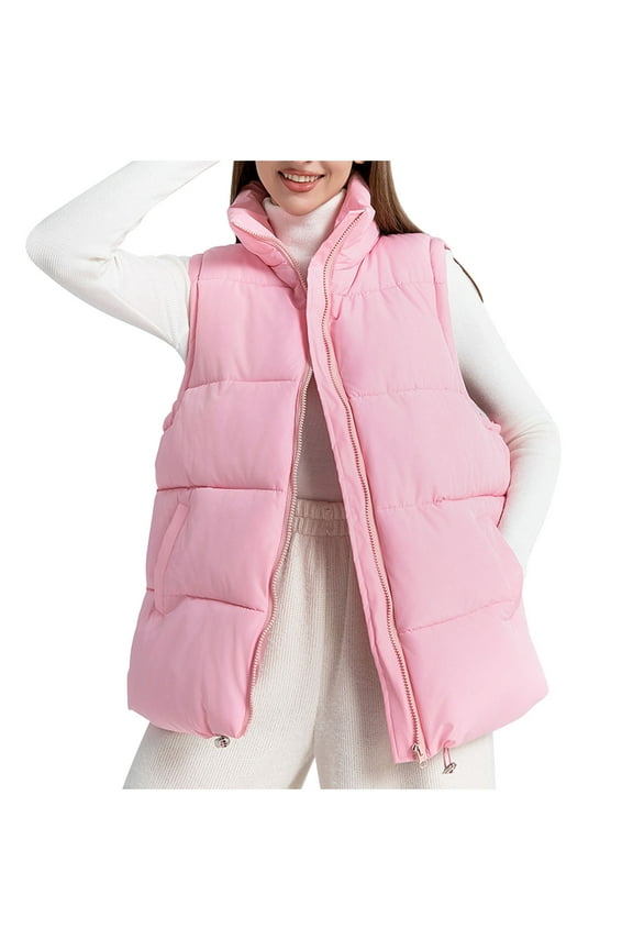 Womens Zip Up Puffer Vest Stand Collar Sleeveless Padded Jacket Coat Loose Fit Mockneck Outerwear Winter Zipper Tops Pink XL