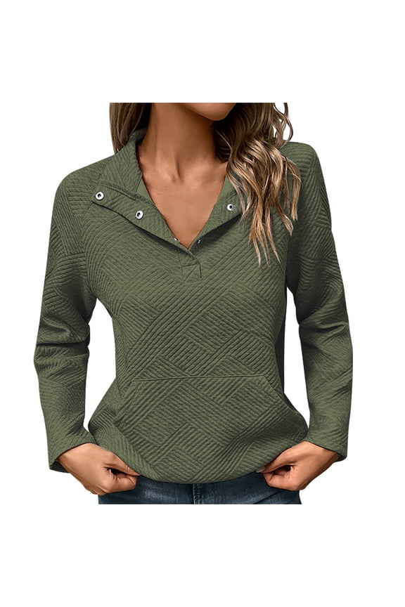 Womens's Half Button Shirts Long Sleeve Fall Sweatshirt Placket Collared Vintage Pullover Solid Color Tops with Pocket Green S