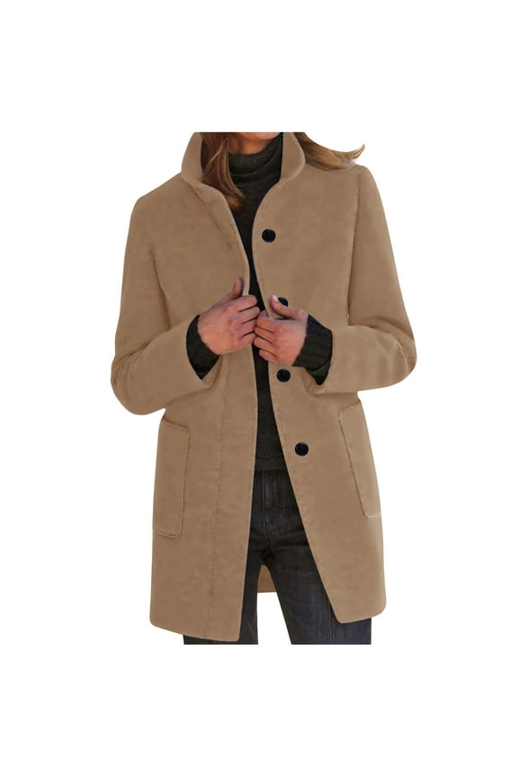 Wool Blend Trench Coat for Women Single Breasted Business Casual Slim Fit Pea Coats Mid Long Winter Overcoat Outerwear Khaki M