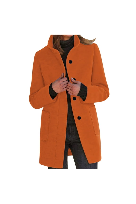 Wool Blend Trench Coat for Women Single Breasted Business Casual Slim Fit Pea Coats Mid Long Winter Overcoat Outerwear Orange 3XL