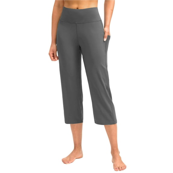 UYISJ Yoga Capris with Pockets for Women Casual Stretch High Waisted Yoga Leggings Comfy Tummy Control Loose Fit Wide Leg Pants Dark Gray S