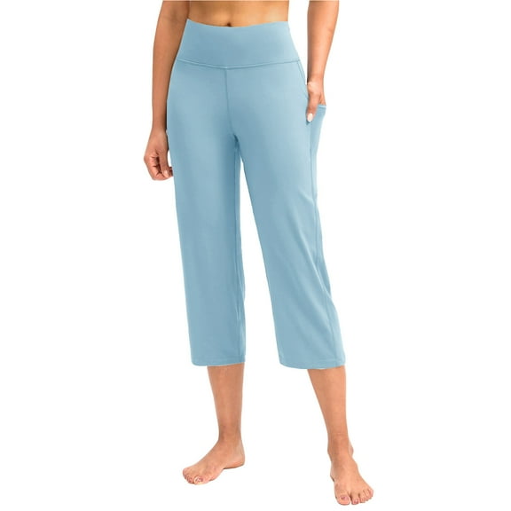 UYISJ Yoga Capris with Pockets for Women Casual Stretch High Waisted Yoga Leggings Comfy Tummy Control Loose Fit Wide Leg Pants Sky Blue XXL