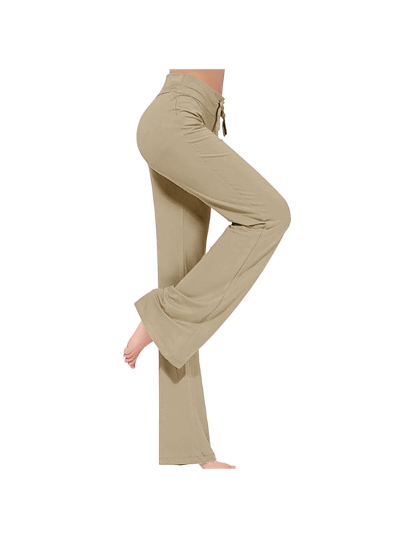 Yoga Pants Women Drawstring Elastic High Waist Loose Fit Wide Leg Wokout Pants Comfy Casual Loungewear Pajama Pants Khaki M
