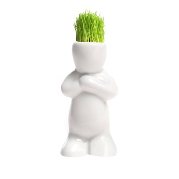 UYUH Cute Mini Bonsai Head Ceramic Planter, White Creative Human Shape Grass Hair Flower Pot for Succulents, Home Garden Desktop Decor, Tree Doll Design