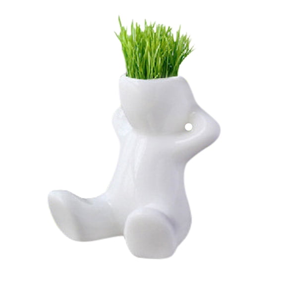 UYUH Cute Mini Bonsai Head Ceramic Planter, White Creative Human Shape Grass Hair Flower Pot for Succulents, Home Garden Desktop Decor, Tree Doll Design