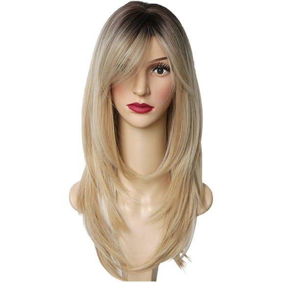 UYUH European and American Intellectual Wig Golden Color Mixed Color Headgear Eight Character Bangs Medium Long Texture Straight Hair Wig for Beautiful Wig Women Girl Fashion Party C-osplay Wig
