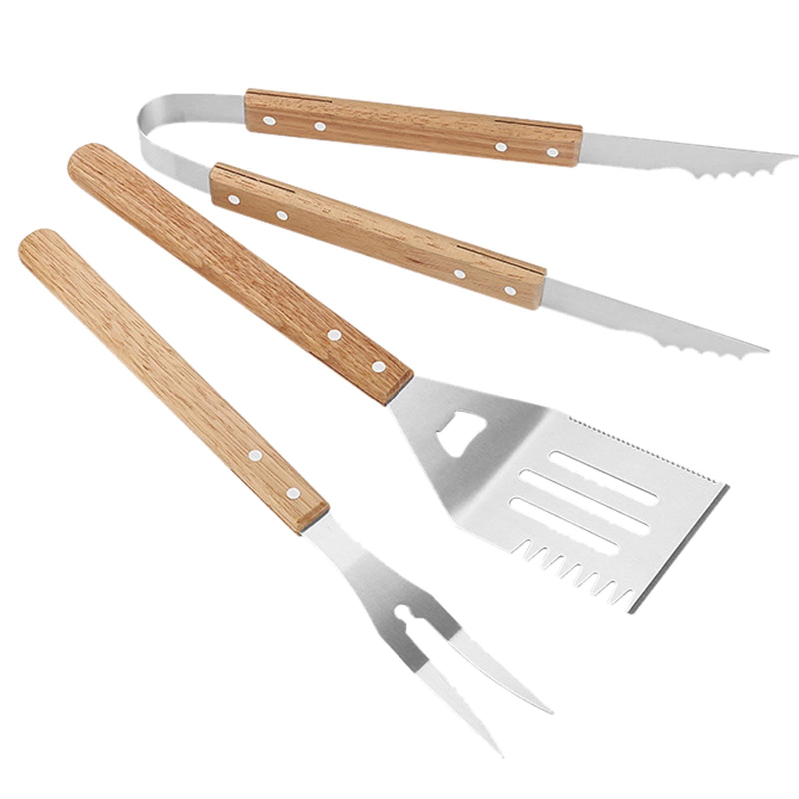 UYUH Grill Accessory Set, 3-Piece Stainless Steel Tools for Blackstone Griddle and Camping, Includes Spatula, Tongs, and Fork with Wooden Handles, Durable and Heat-Resistant