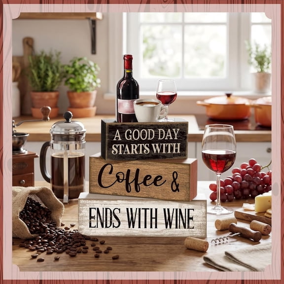 UYUIOIF-4 Pcs Farmhouse Kitchen Decor Wooden Stacked Block Sign with Wine Bottle, Coffee Cup & Glass Sculpture a Good Day Starts with Coffee Ends with Wine Sign for Home & Bar Housewarming Gift