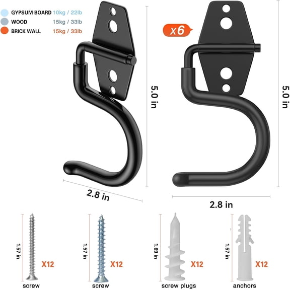 UYUIOIF-6 Pack Metal Garage Hooks, Heavy Duty S Hooks Tool Hangers for Garage Wall, Shed, Garden Storage Organizer