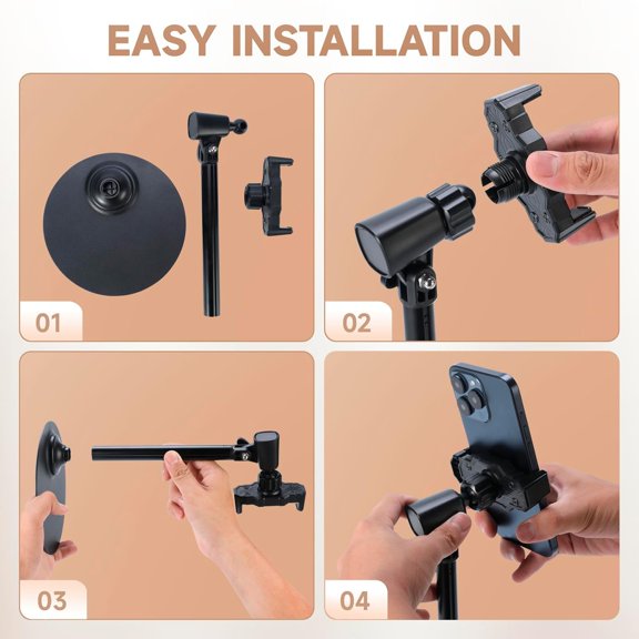 UYUIOIF-Adjustable Phone Stand for Desk with Clip Mount Live Streaming: 360 Rotatable Overhead Shot Holder with Sturdy Metal Base, Compatible with TikTok, YouTube, Zoom Video Recording (Black)