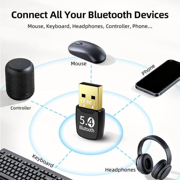 UYUIOIF-Bluetooth 5.4 USB Adapter for PC, Mini Bluetooth Dongle Long Range Wireless Receiver for Desktop Laptop, Plug & Play for Windows 11/10/8.1/7, Supports Headphones Speakers Keyboard Mouse Print