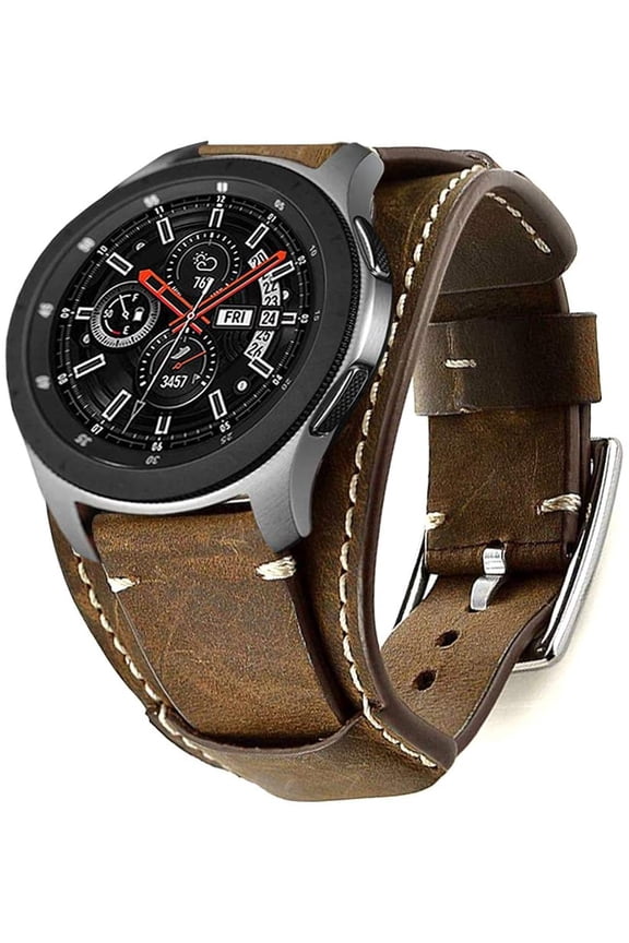 -Compatible with Samsung Galaxy Watch 46mm/Galaxy Watch 3 45mm/Gear S3 Frontier/Classic Bands, 22mm Genuine Leather Cuff Bracelet Replacement Strap with Stainless Steel Buckle Men Women (Coffe